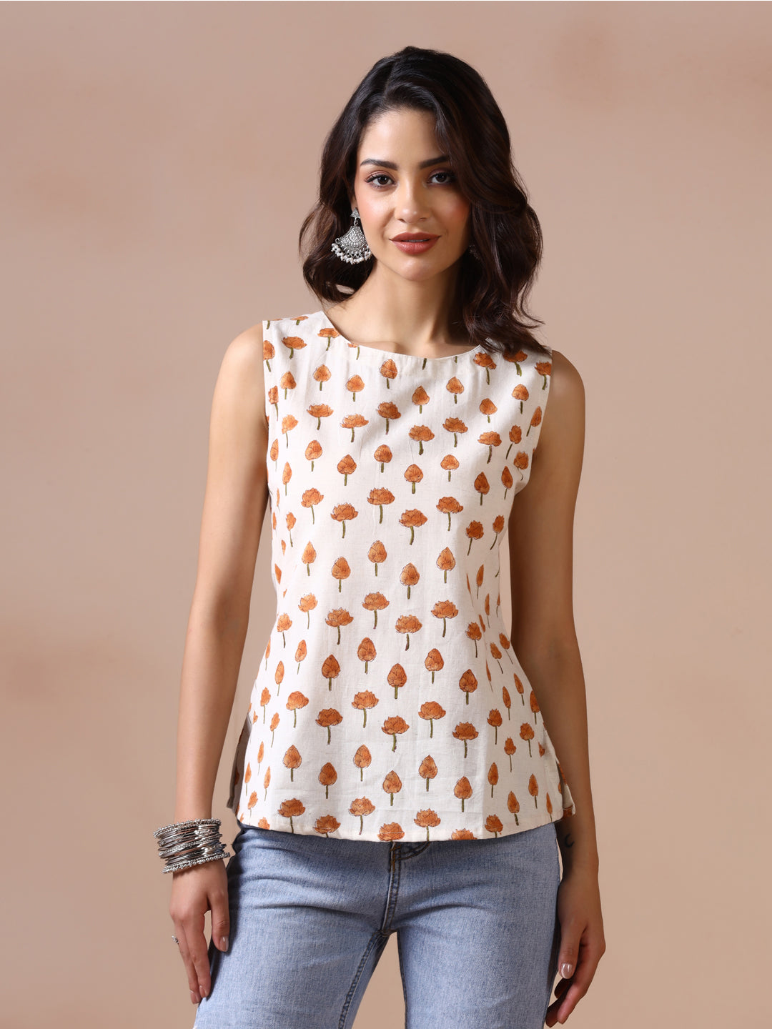 Amber Lotus Handblock Print Sleeveless Cotton Top