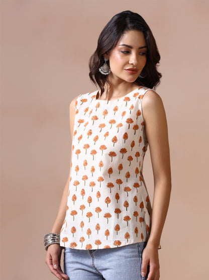 Amber Lotus Handblock Print Sleeveless Cotton Top