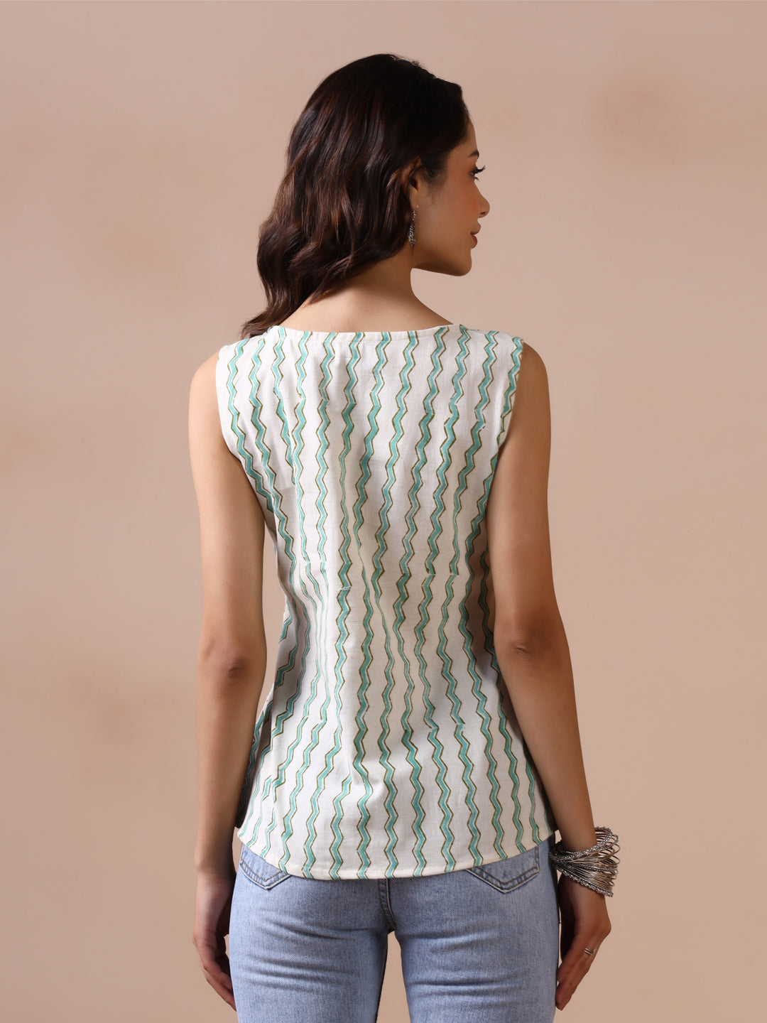 Aqua Bloom Cotton Handblock Printed Sleeveless Top