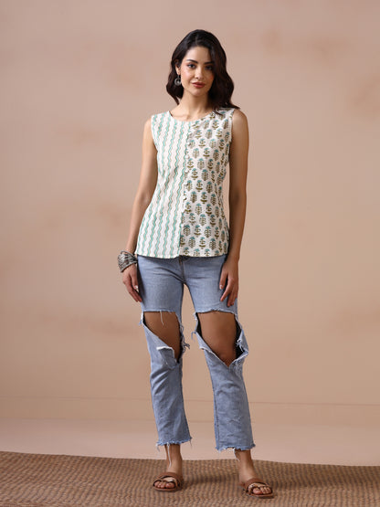 Aqua Bloom Cotton Handblock Printed Sleeveless Top