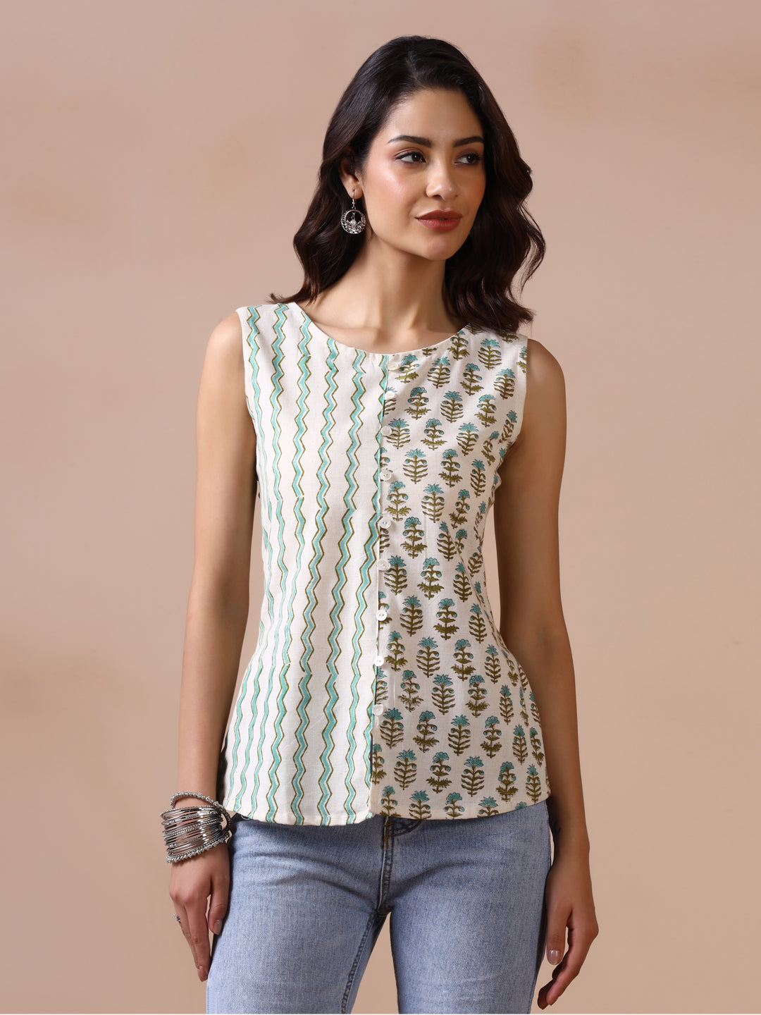 Aqua Bloom Cotton Handblock Printed Sleeveless Top