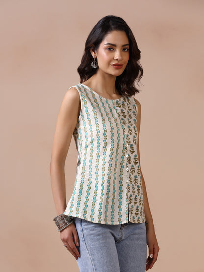 Aqua Bloom Cotton Handblock Printed Sleeveless Top
