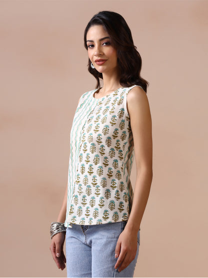 Aqua Bloom Cotton Handblock Printed Sleeveless Top
