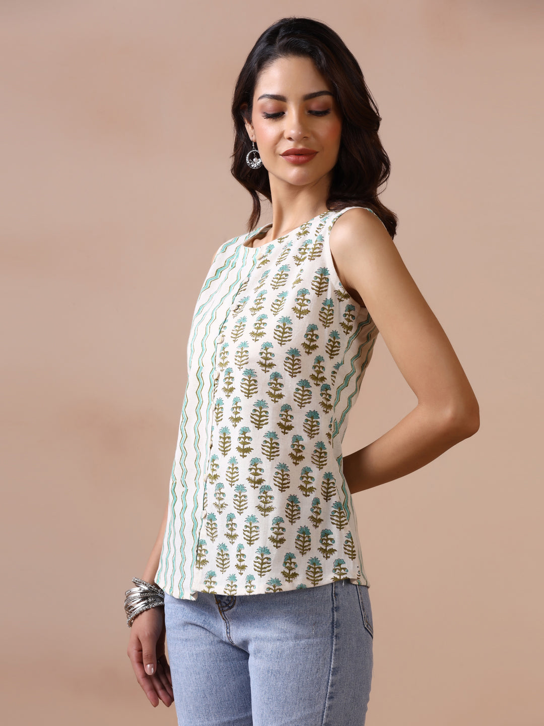 Aqua Bloom Cotton Handblock Printed Sleeveless Top