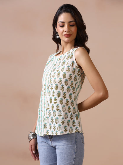 Aqua Bloom Cotton Handblock Printed Sleeveless Top