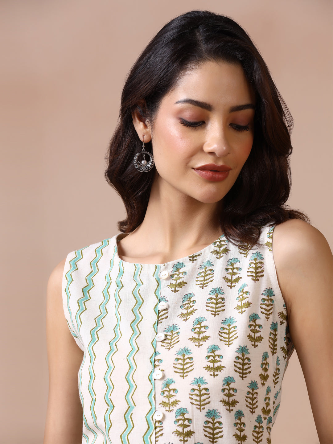 Aqua Bloom Cotton Handblock Printed Sleeveless Top