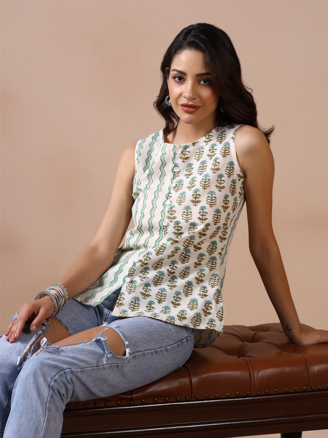 Aqua Bloom Cotton Handblock Printed Sleeveless Top