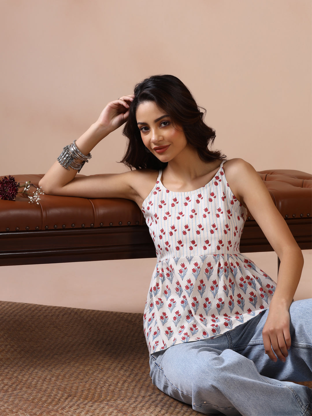 Tulip Garden Cotton Hand Block Printed  Sleeveless top with shoulder straps