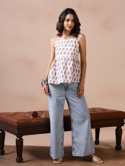 Tulip Garden Cotton Hand Block Printed  Sleeveless top with shoulder straps