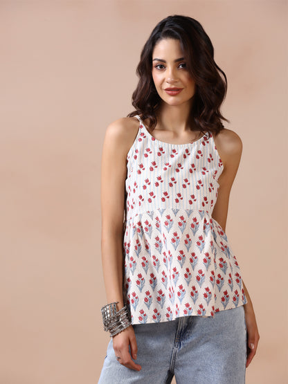 Tulip Garden Cotton Hand Block Printed  Sleeveless top with shoulder straps