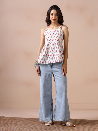 Tulip Garden Cotton Hand Block Printed  Sleeveless top with shoulder straps