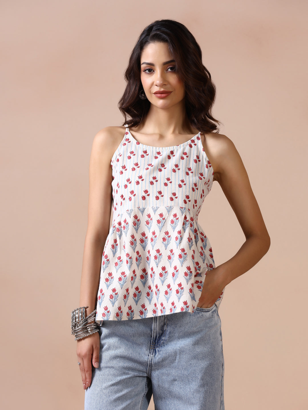 Tulip Garden Cotton Hand Block Printed  Sleeveless top with shoulder straps