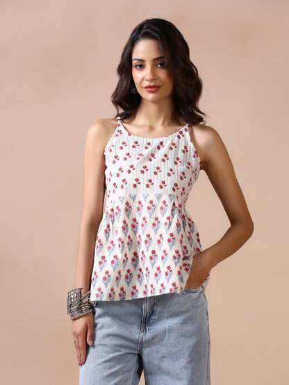 Tulip Garden Cotton Hand Block Printed  Sleeveless top with shoulder straps