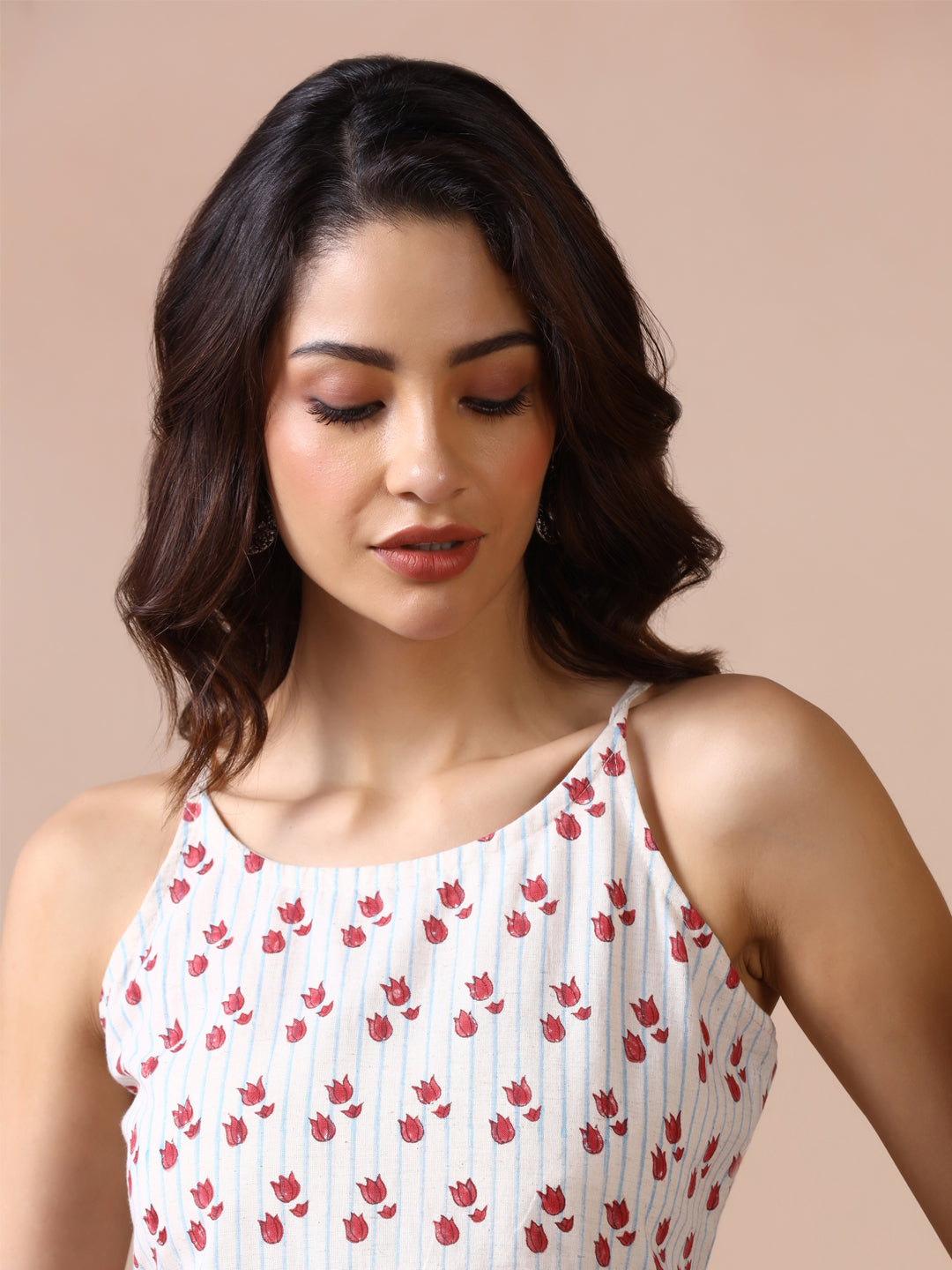 Tulip Garden Cotton Hand Block Printed  Sleeveless top with shoulder straps