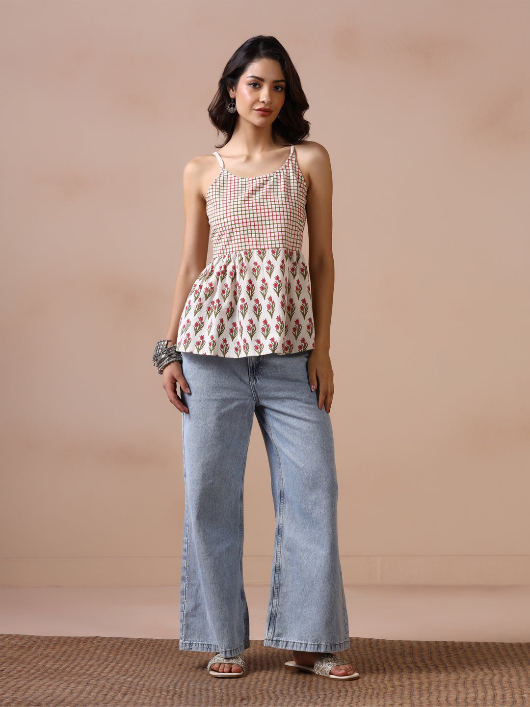 Checkered and Floral Block Print Cotton Spaghetti Strap Peplum Top