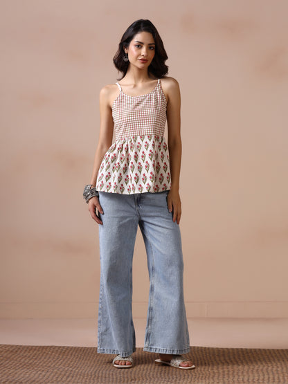 Checkered and Floral Block Print Cotton Spaghetti Strap Peplum Top