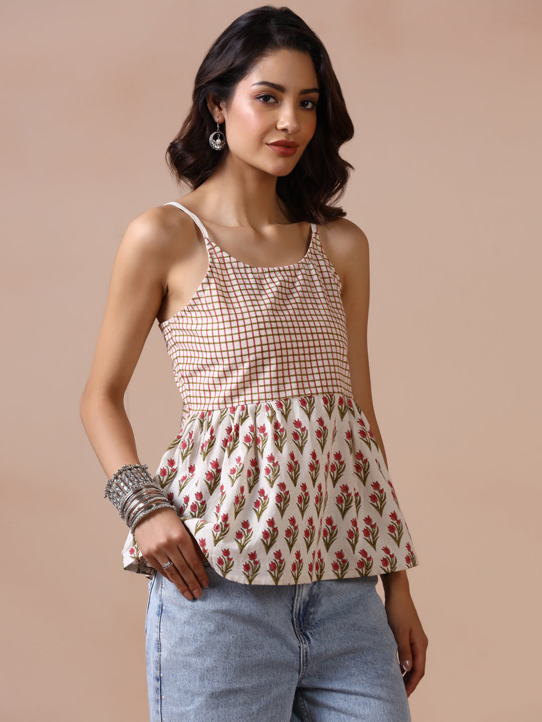 Checkered and Floral Block Print Cotton Spaghetti Strap Peplum Top