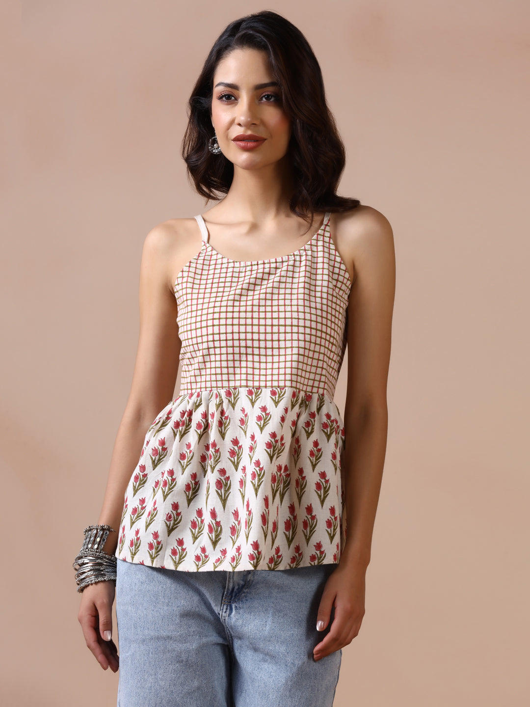 Checkered and Floral Block Print Cotton Spaghetti Strap Peplum Top