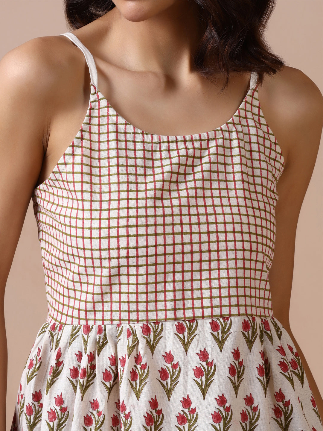 Checkered and Floral Block Print Cotton Spaghetti Strap Peplum Top