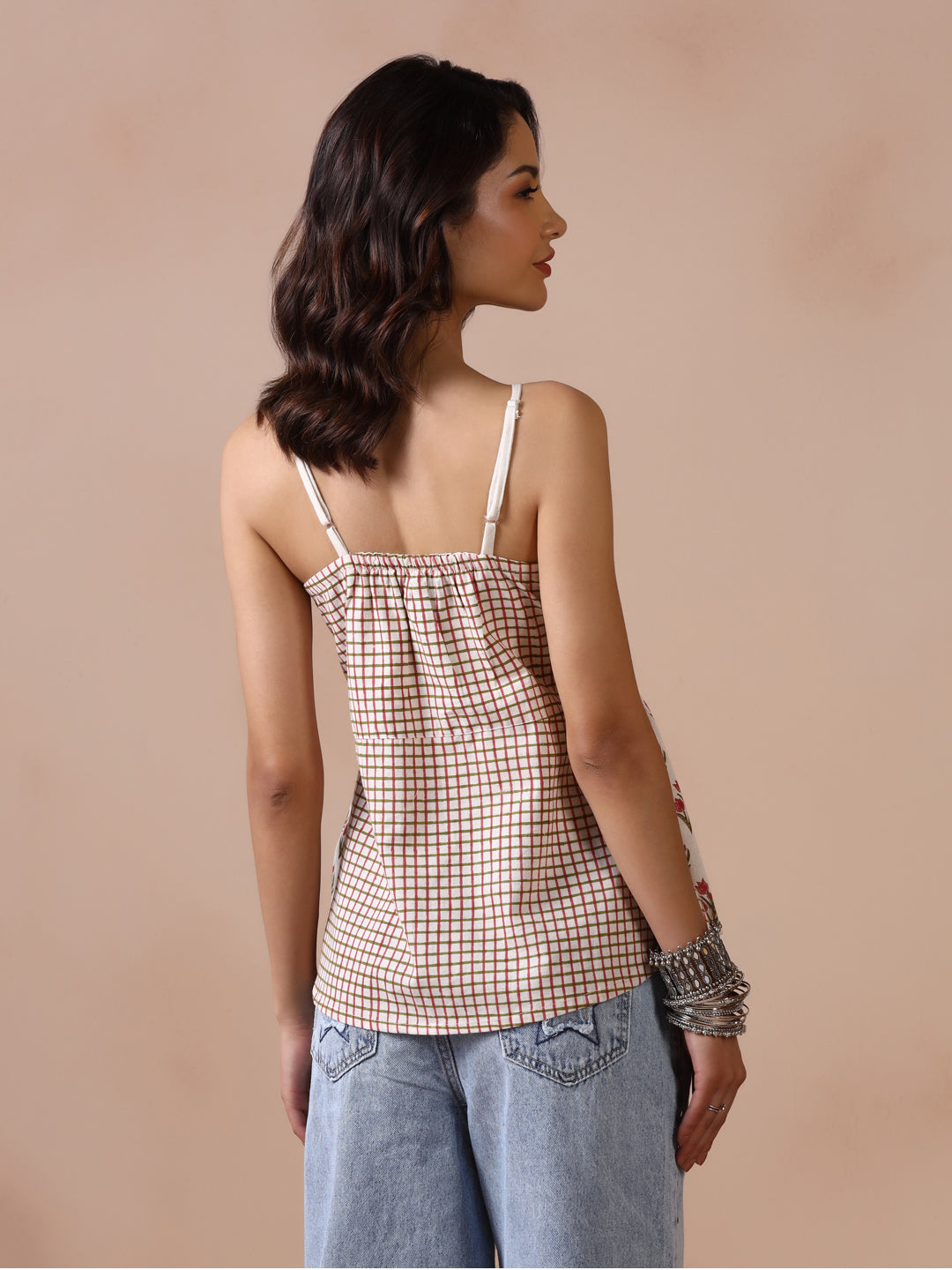 Checkered and Floral Block Print Cotton Spaghetti Strap Peplum Top