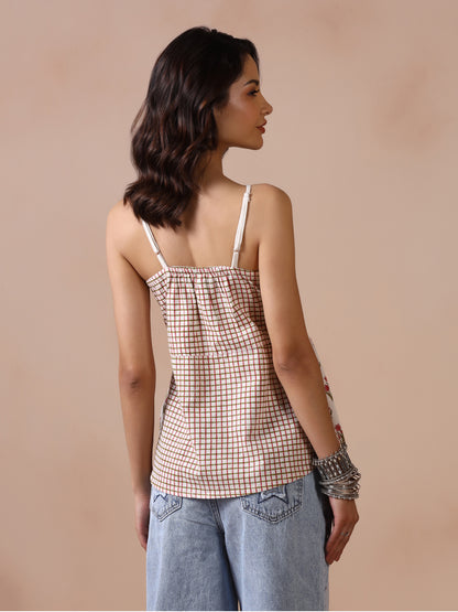 Checkered and Floral Block Print Cotton Spaghetti Strap Peplum Top