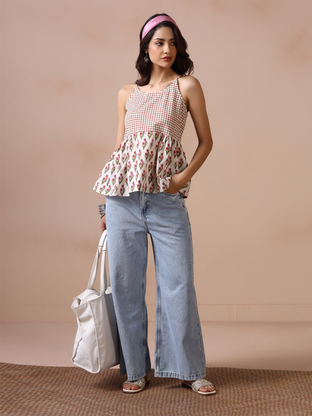 Checkered and Floral Block Print Cotton Spaghetti Strap Peplum Top
