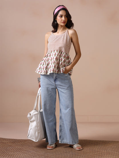Checkered and Floral Block Print Cotton Spaghetti Strap Peplum Top