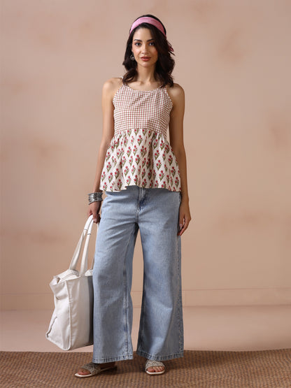 Checkered and Floral Block Print Cotton Spaghetti Strap Peplum Top