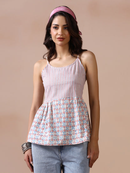 Blue and Red Striped Cotton Spaghetti Strap Peplum Top with Leaf Prints