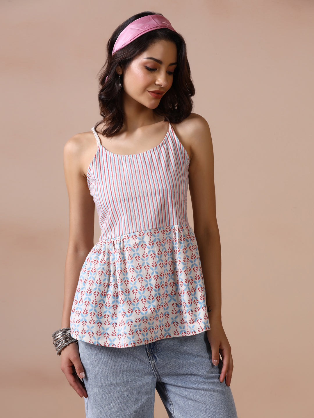 Blue and Red Striped Cotton Spaghetti Strap Peplum Top with Leaf Prints