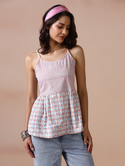 Blue and Red Striped Cotton Spaghetti Strap Peplum Top with Leaf Prints