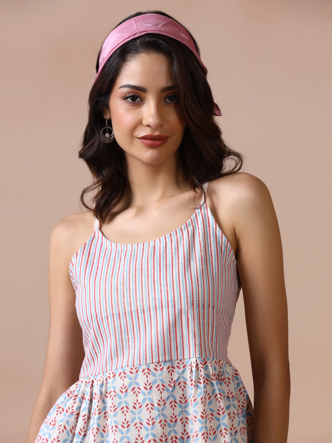 Blue and Red Striped Cotton Spaghetti Strap Peplum Top with Leaf Prints
