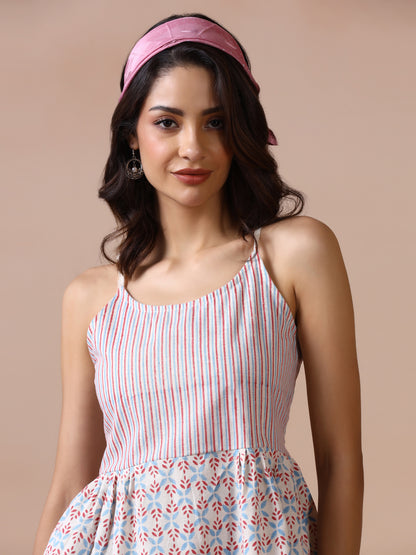 Blue and Red Striped Cotton Spaghetti Strap Peplum Top with Leaf Prints