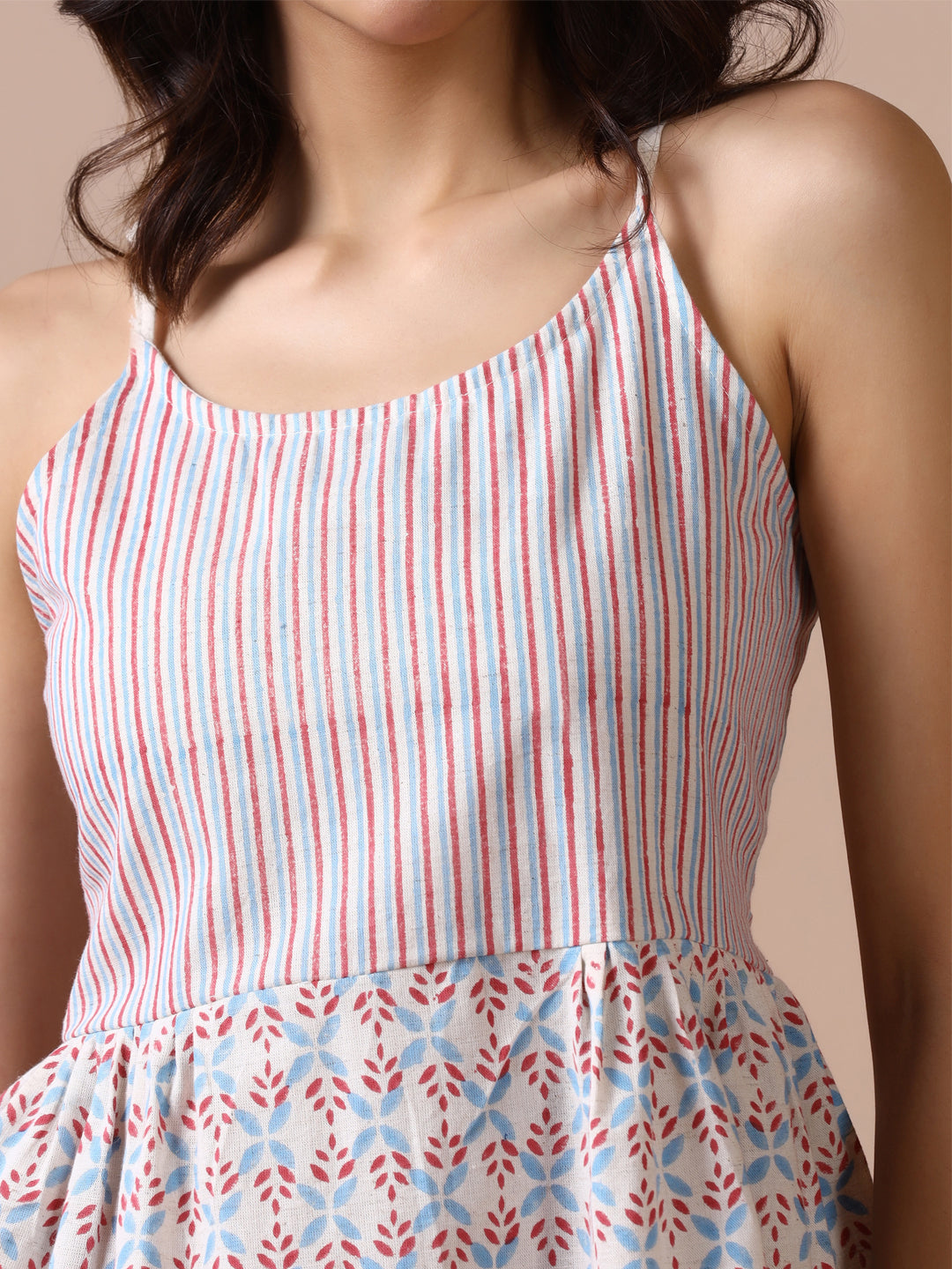 Blue and Red Striped Cotton Spaghetti Strap Peplum Top with Leaf Prints