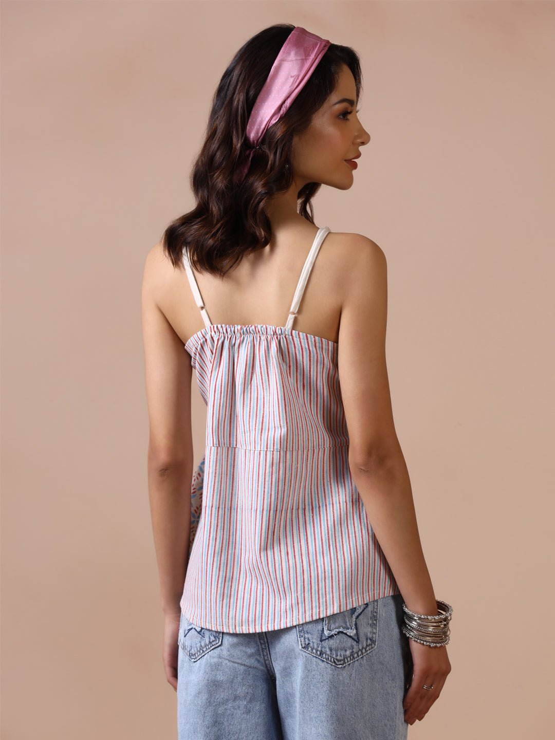 Blue and Red Striped Cotton Spaghetti Strap Peplum Top with Leaf Prints