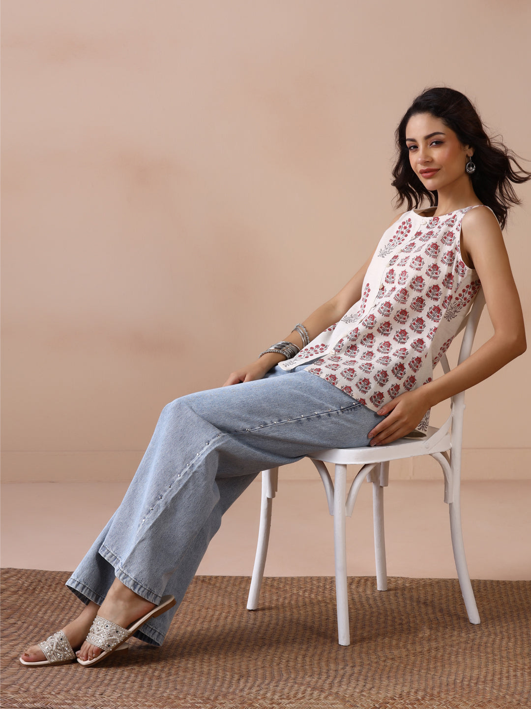 Asymmetric Checkered and Striped Cotton Sleeveless Top with Front Buttons (Copy)