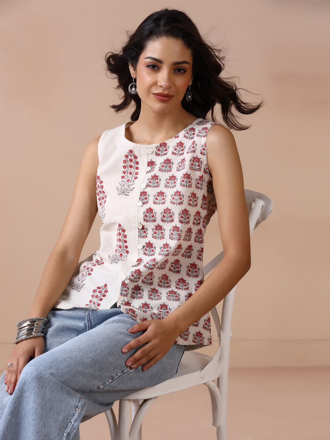 Asymmetric Checkered and Striped Cotton Sleeveless Top with Front Buttons (Copy)