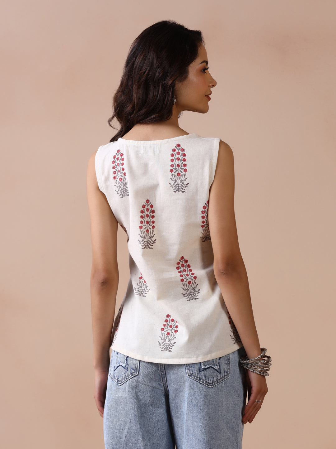 Asymmetric Checkered and Striped Cotton Sleeveless Top with Front Buttons (Copy)