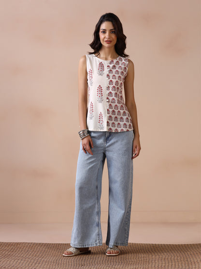 Asymmetric Checkered and Striped Cotton Sleeveless Top with Front Buttons (Copy)