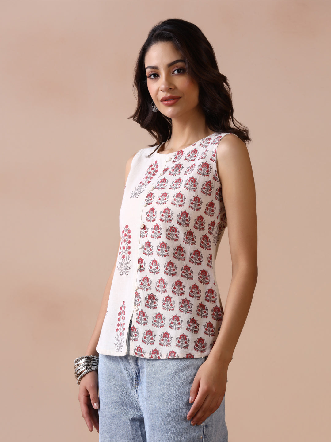 Asymmetric Checkered and Striped Cotton Sleeveless Top with Front Buttons (Copy)