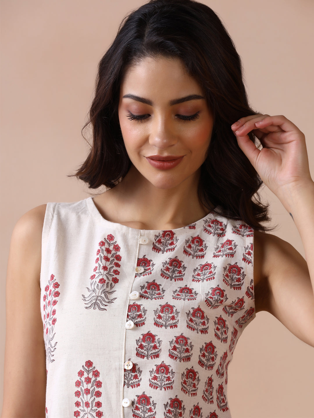 Asymmetric Checkered and Striped Cotton Sleeveless Top with Front Buttons (Copy)