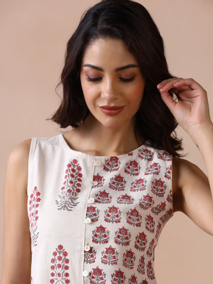 Asymmetric Checkered and Striped Cotton Sleeveless Top with Front Buttons (Copy)