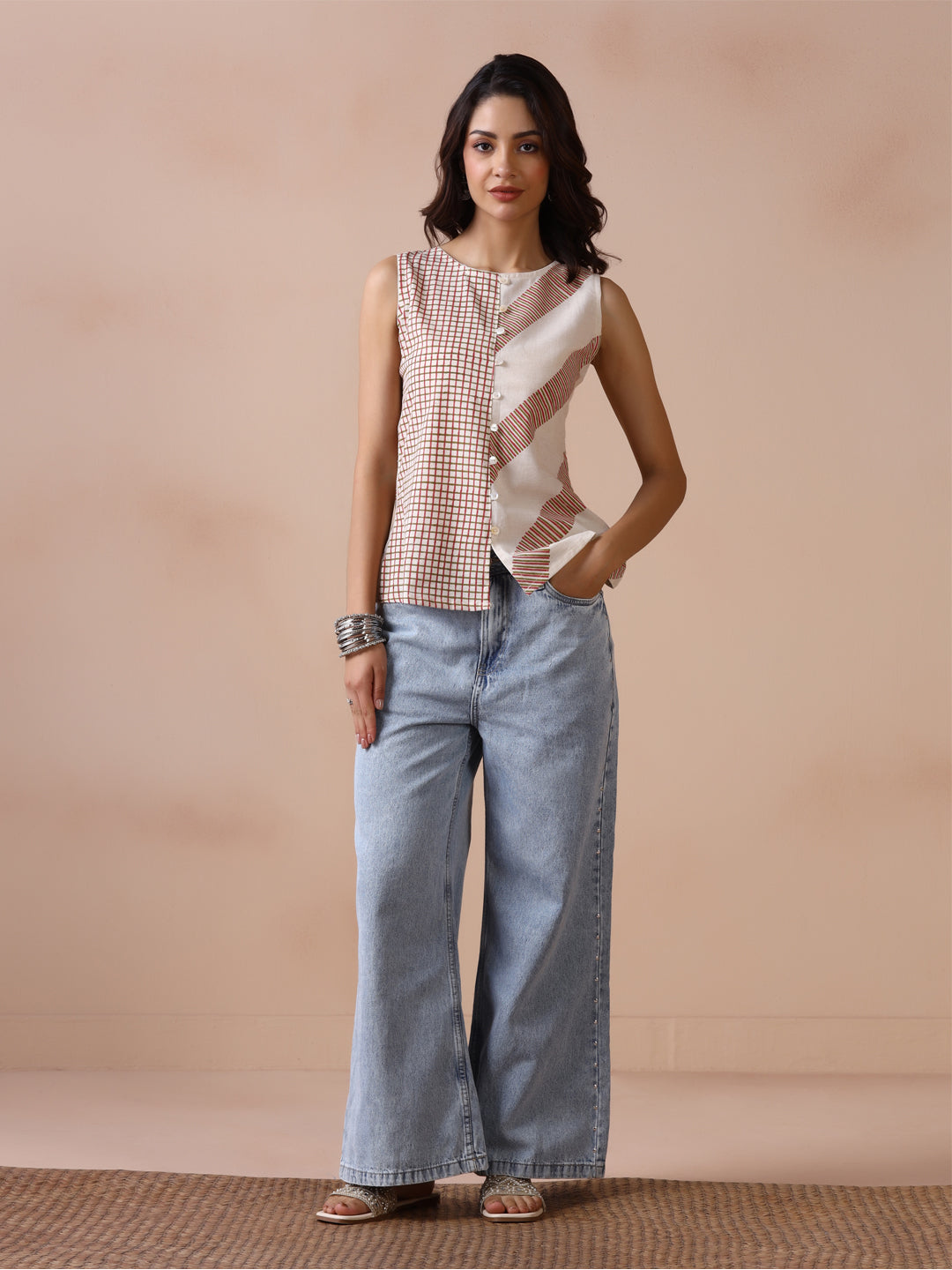 Asymmetric Checkered and Striped Cotton Sleeveless Top with Front Buttons