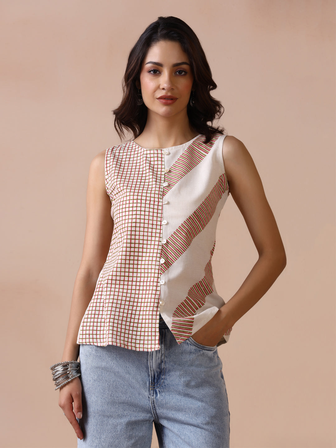 Asymmetric Checkered and Striped Cotton Sleeveless Top with Front Buttons