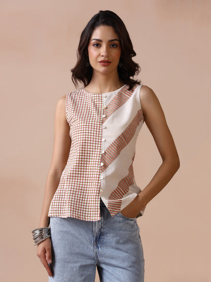 Asymmetric Checkered and Striped Cotton Sleeveless Top with Front Buttons
