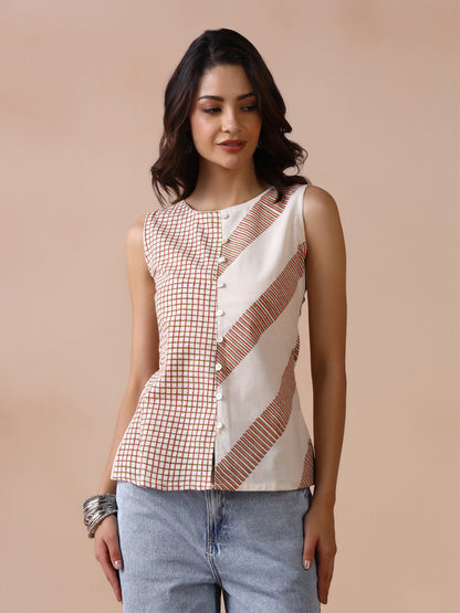 Asymmetric Checkered and Striped Cotton Sleeveless Top with Front Buttons