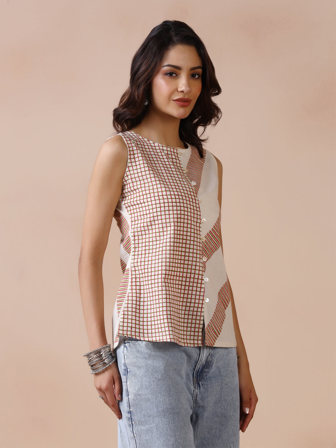 Asymmetric Checkered and Striped Cotton Sleeveless Top with Front Buttons
