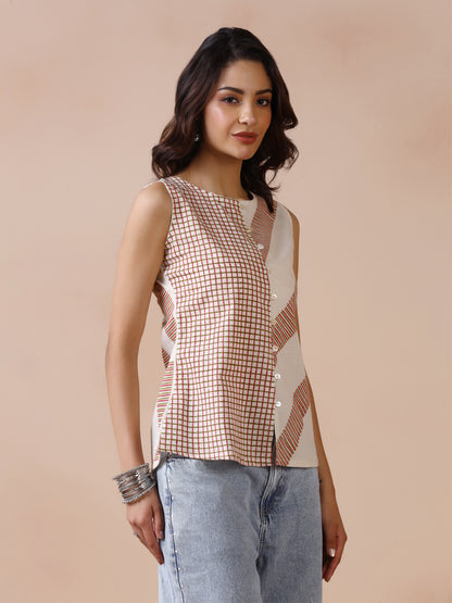 Asymmetric Checkered and Striped Cotton Sleeveless Top with Front Buttons