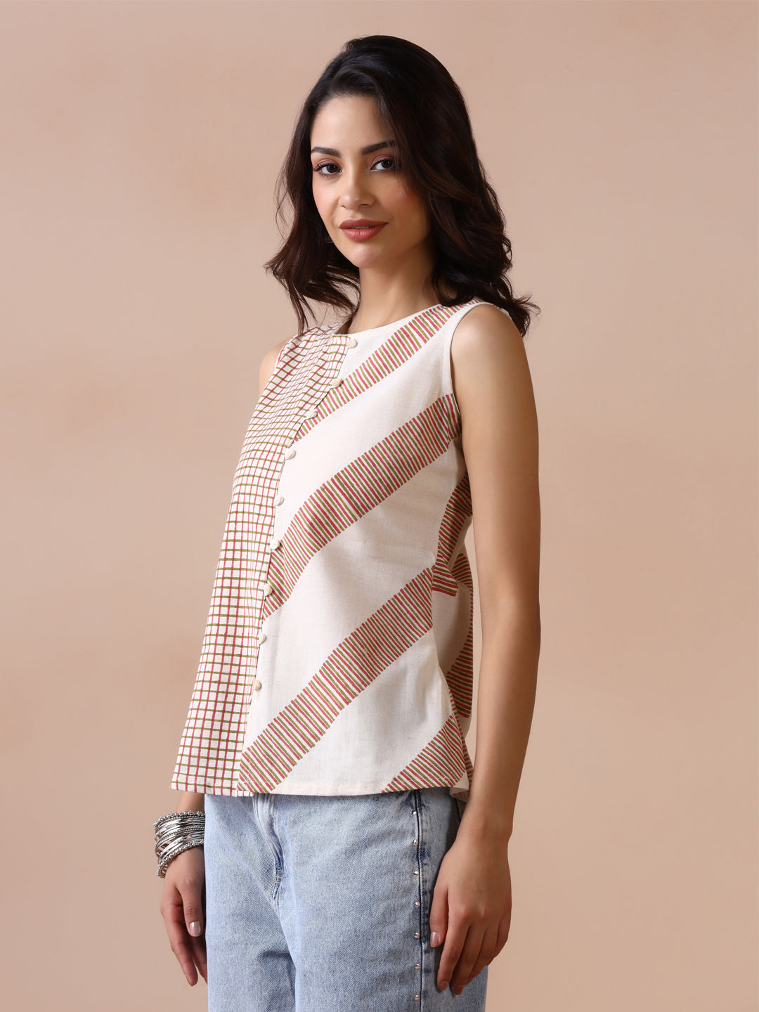 Asymmetric Checkered and Striped Cotton Sleeveless Top with Front Buttons