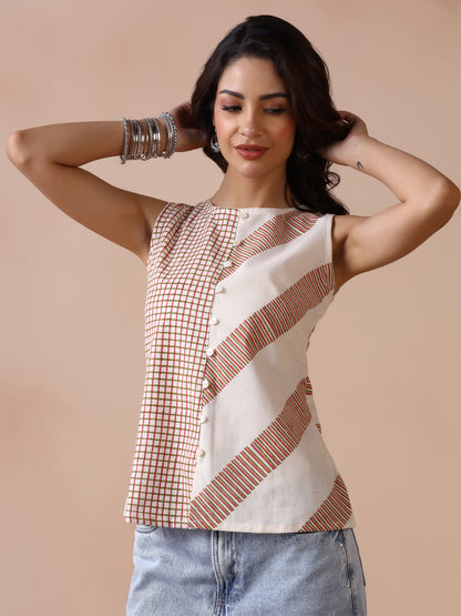 Asymmetric Checkered and Striped Cotton Sleeveless Top with Front Buttons